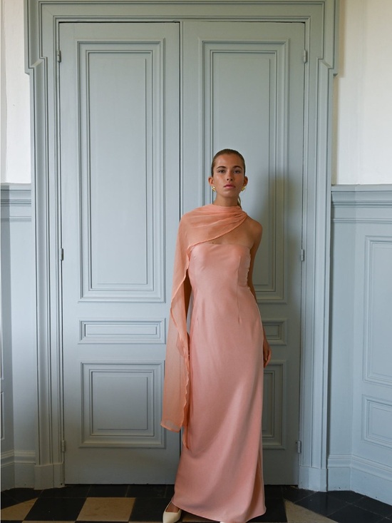 Yellow The Label Dresses & Skirts - Strapless Peach Evening Gown with Draped Scarf